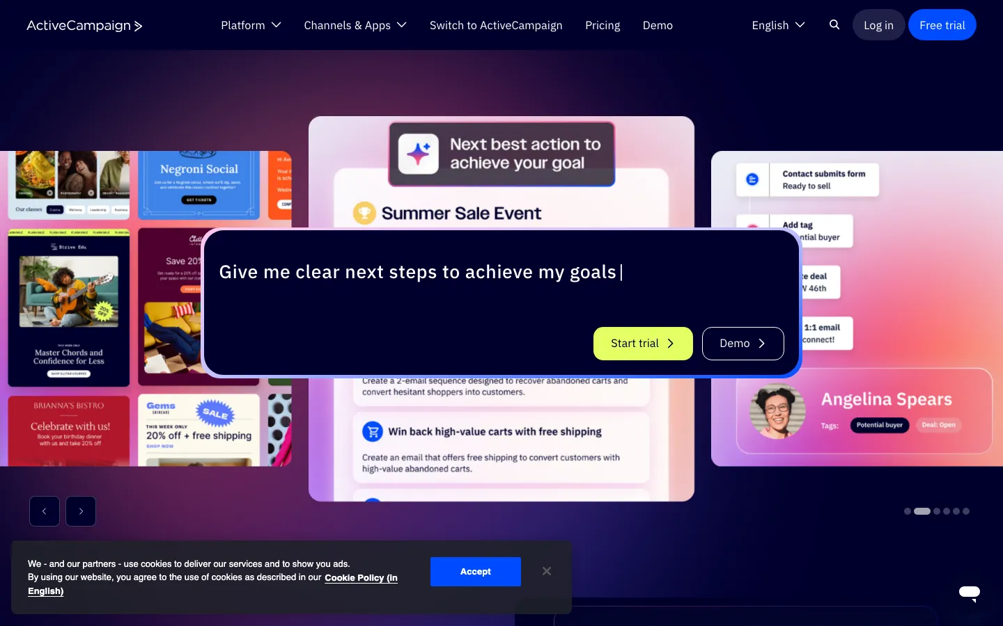 ActiveCampaign homepage showing automation workflow and multi-channel campaign interface