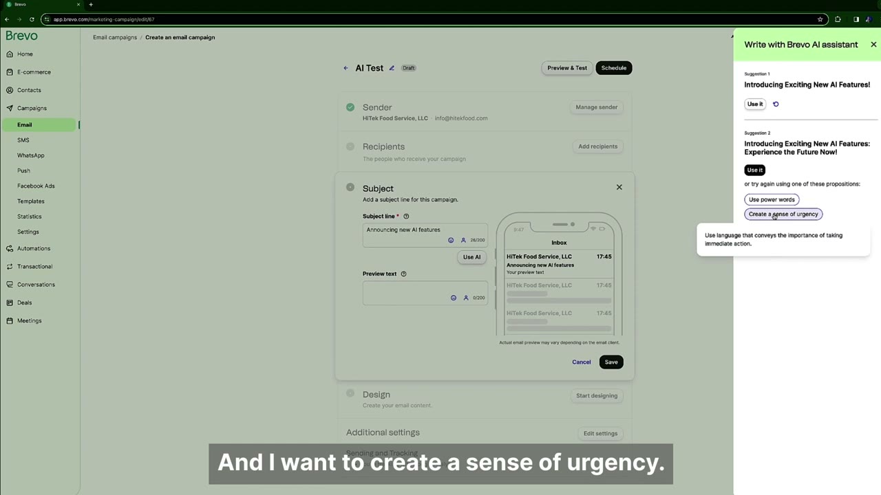Brevo AI email composer showing AI-generated email content with brand voice settings, subject line suggestions, and preview pane