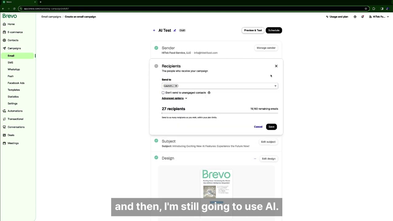 Brevo marketing automation workflow editor with contact triggers, email send nodes, SMS actions, and conditional branching logic