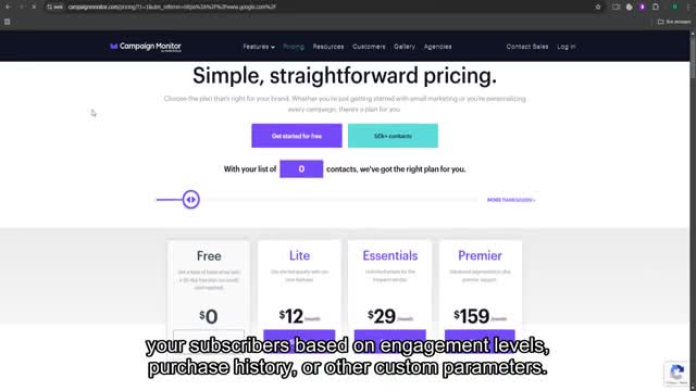 Campaign Monitor pricing page showing Free, Lite, Essentials, and Premier plan tiers