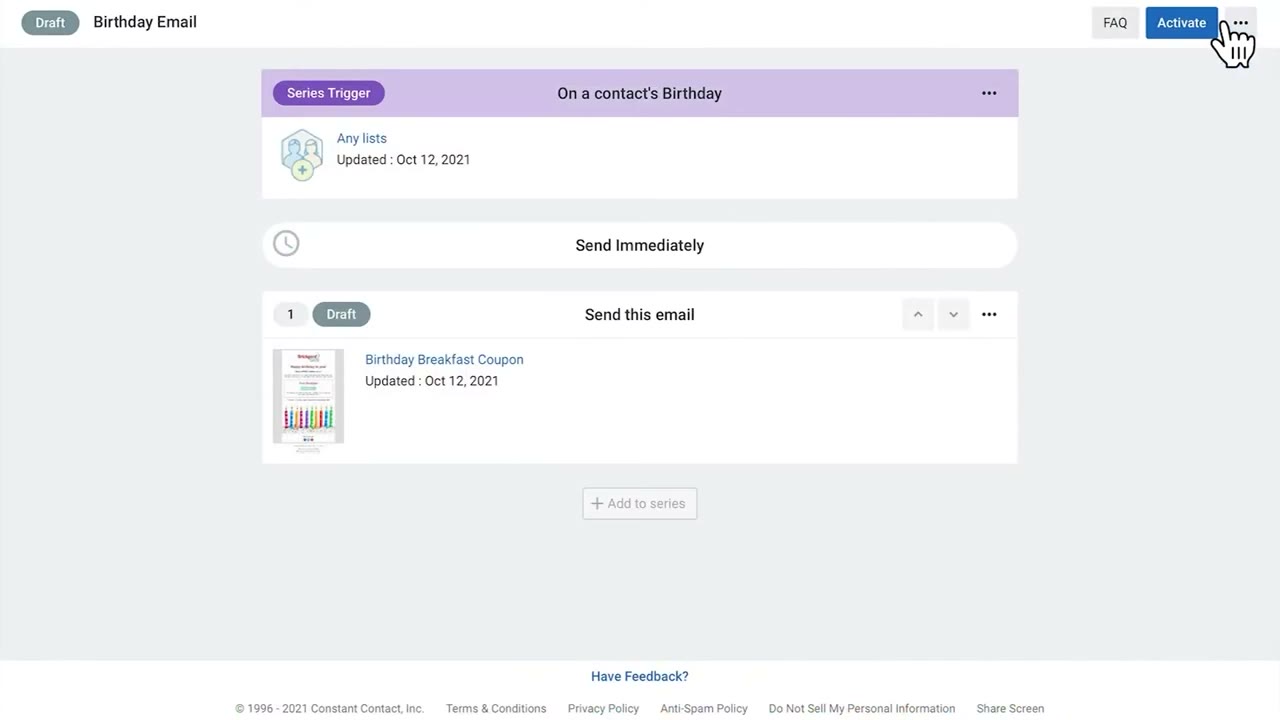 Constant Contact contact management dashboard showing list segmentation options, import tools, and subscriber health overview