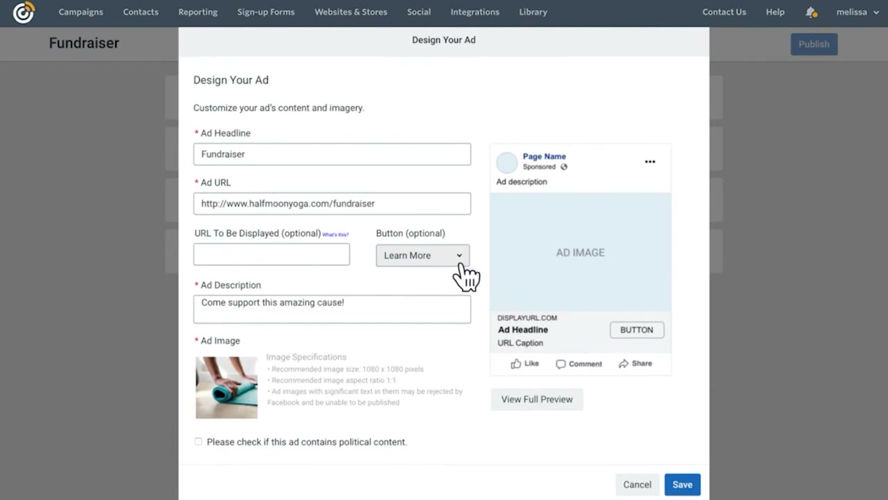 Constant Contact campaign reporting view showing email open rate, click rate, bounce count, and unsubscribe data for a recent send