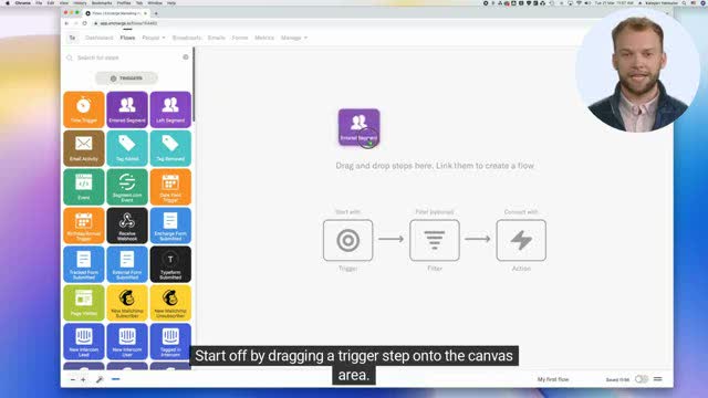 Encharge flow builder canvas with a trigger step panel open for building an automation
