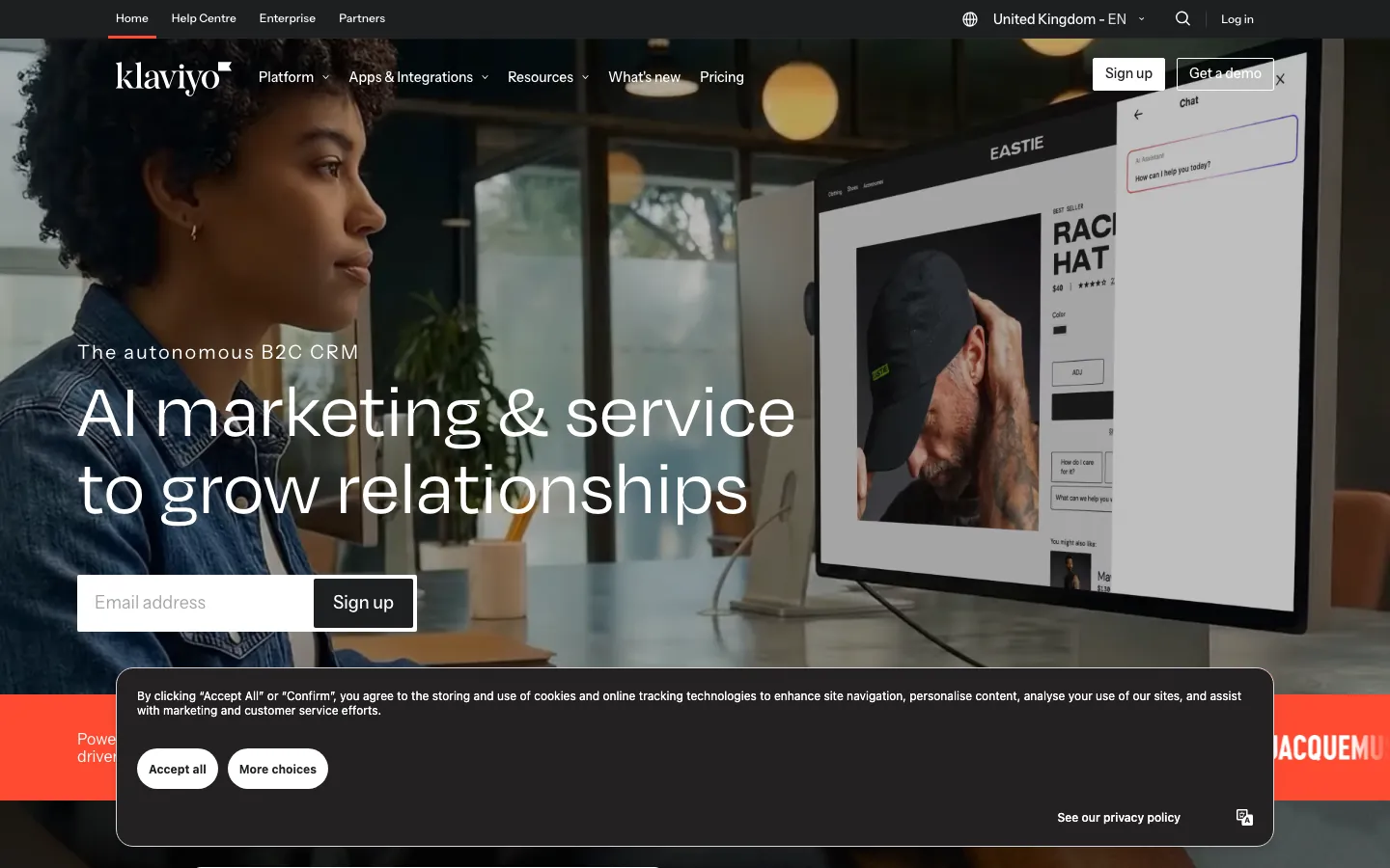 Klaviyo homepage showing AI marketing and service to grow relationships headline with product interface