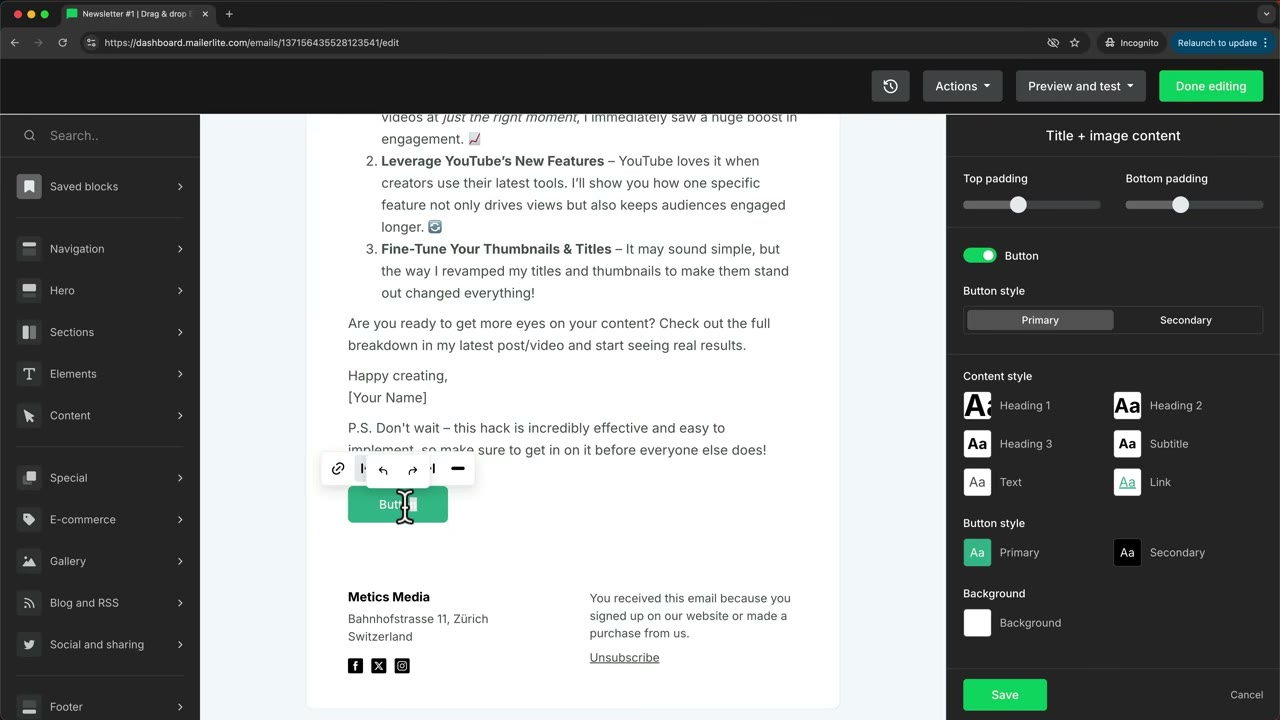 MailerLite automation workflow builder with welcome sequence trigger, email send steps, and conditional branching options
