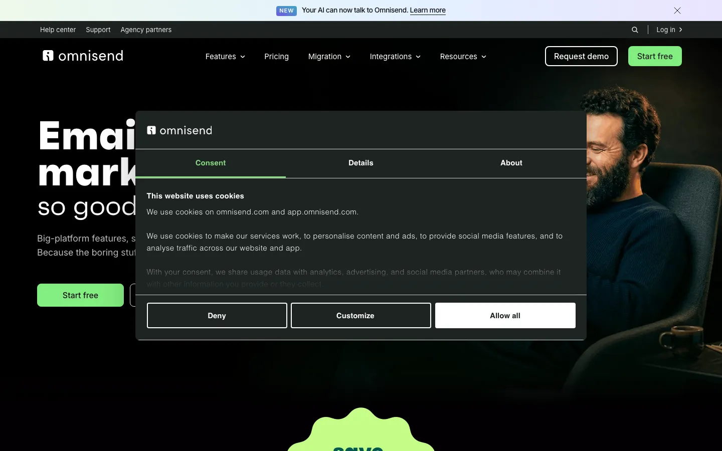 Omnisend homepage showing ecommerce email marketing platform with automation workflow builder