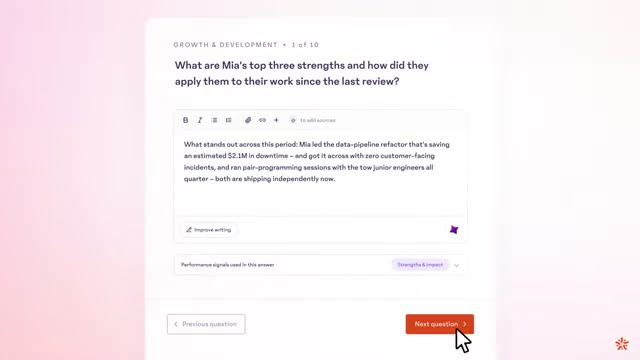 15Five AI assisted performance review draft answering a growth and development question with sourced performance signals