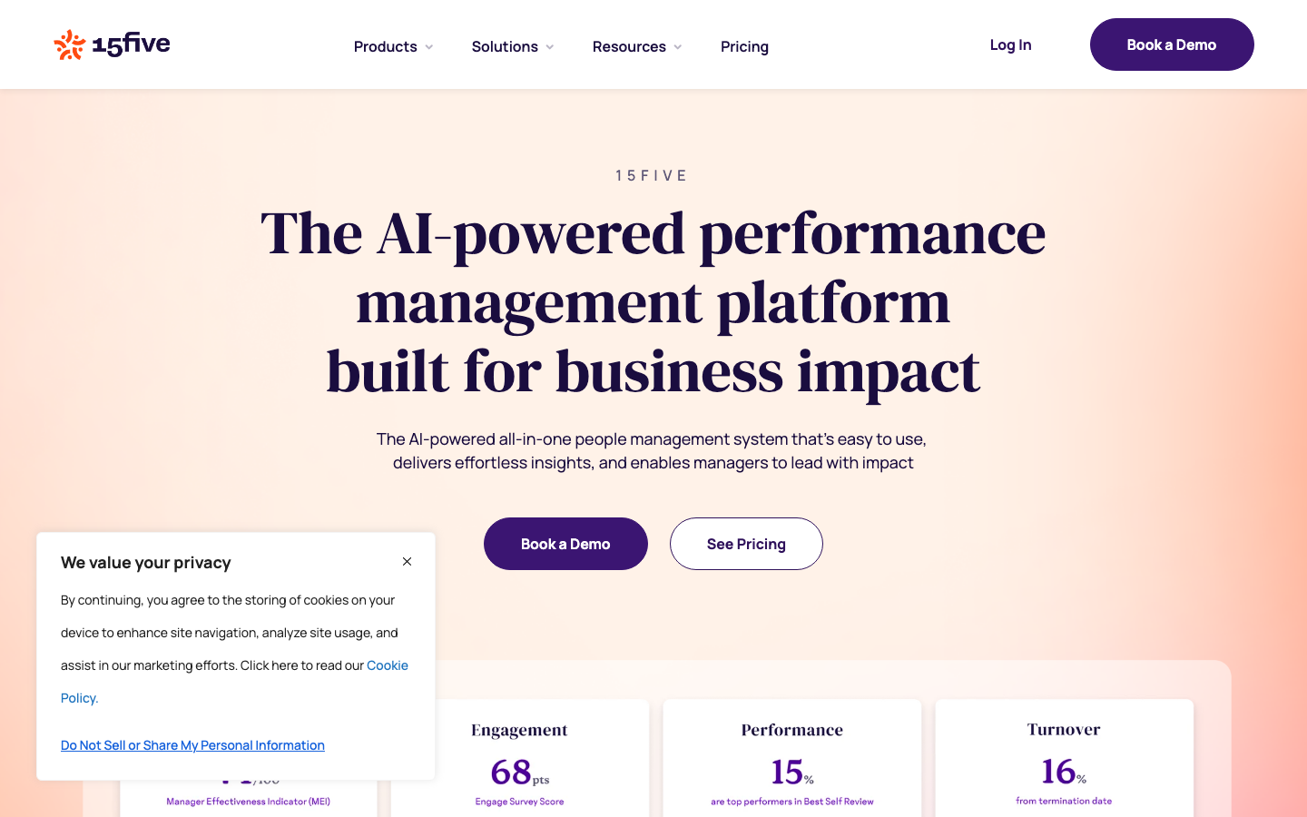 15Five employee engagement and performance management platform homepage with HR dashboard
