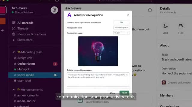 Achievers Recognition modal inside Slack showing recognition type and a written recognition message