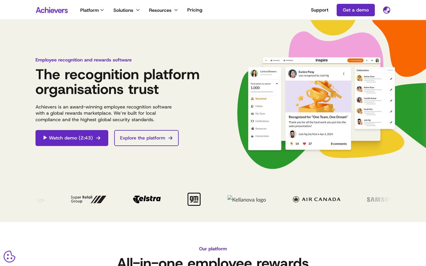Achievers employee recognition platform homepage with culture and engagement program features