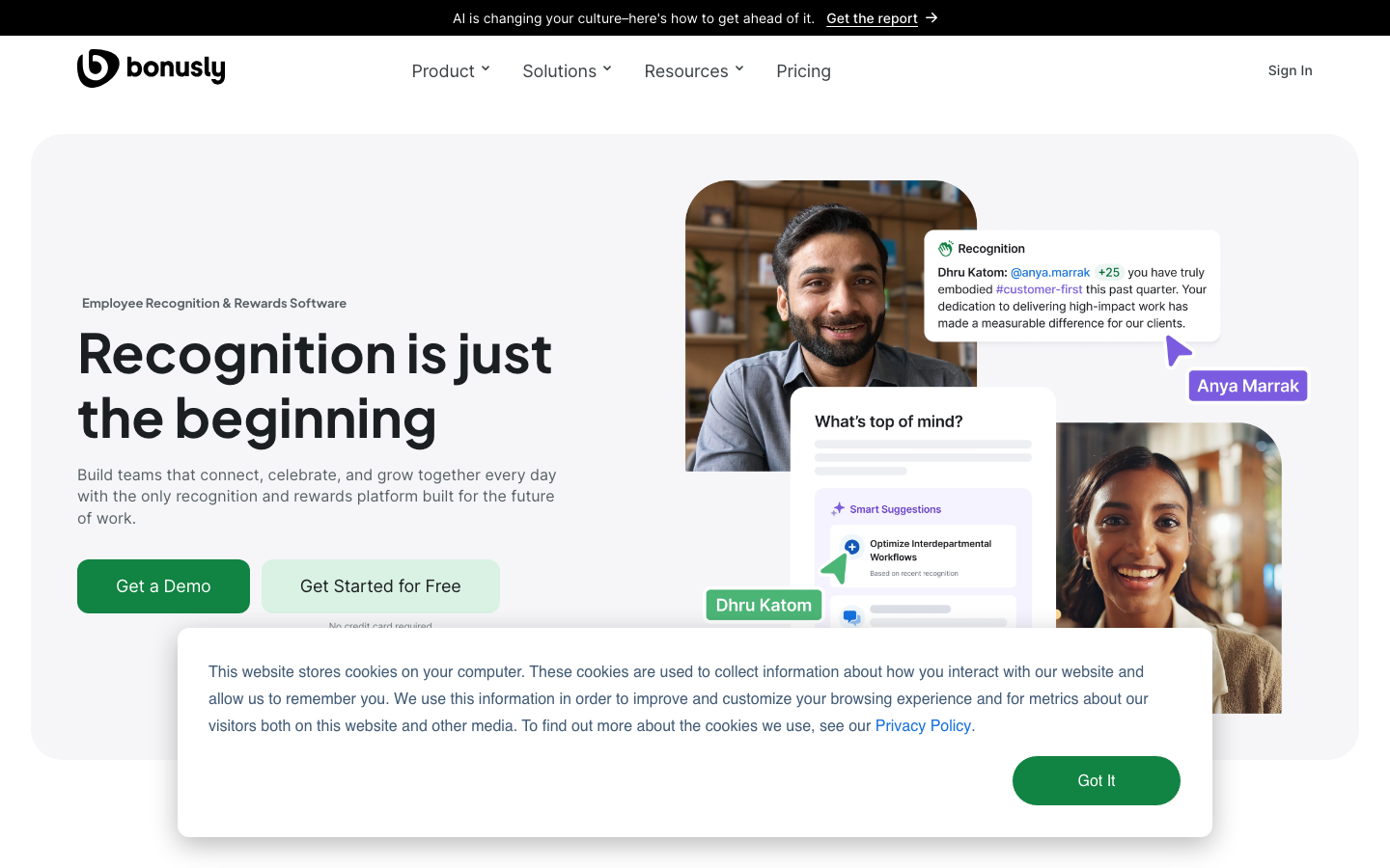 Bonusly peer recognition and rewards platform showing Slack integration and recognition feed