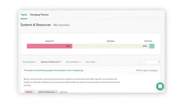 Culture Amp comment sentiment detail view listing individual employee feedback under the Systems and Resources topic