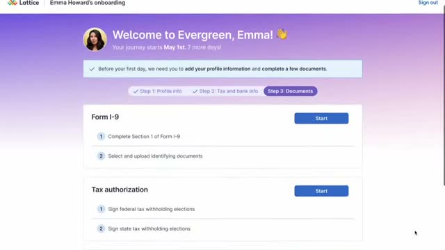 Lattice new hire onboarding checklist showing step by step profile, tax, and document tasks