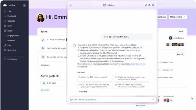 Lattice AI assistant answering an employee question about how to enroll in a 401k plan