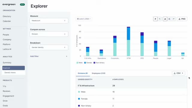 Lattice people analytics Explorer showing headcount broken down by division and gender identity