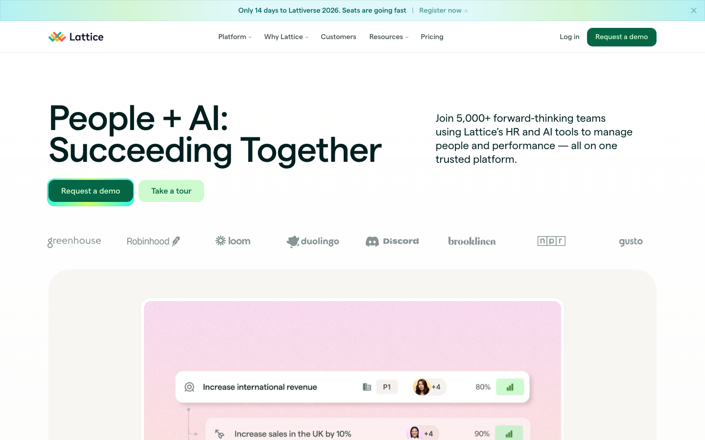 Lattice People Management platform homepage showing performance and engagement dashboard