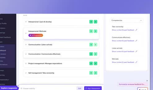 Leapsome performance review assessment screen showing competency ratings with an AI suggestion label