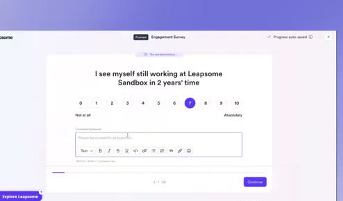 Leapsome engagement survey question asking employees to rate how they see their future at the company on a 0 to 10 scale