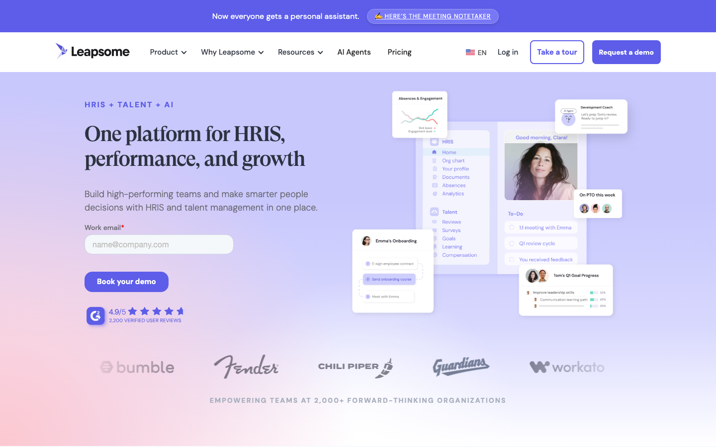 Leapsome People Enablement platform homepage showing HR modules for surveys, reviews, and goals