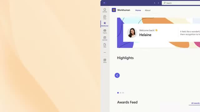 Workhuman recognition home screen inside Microsoft Teams showing a welcome message and highlights feed