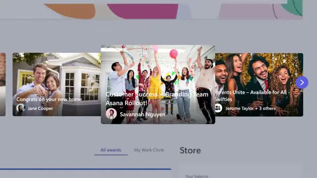 Workhuman awards feed showing peer recognition cards with photos for team milestones