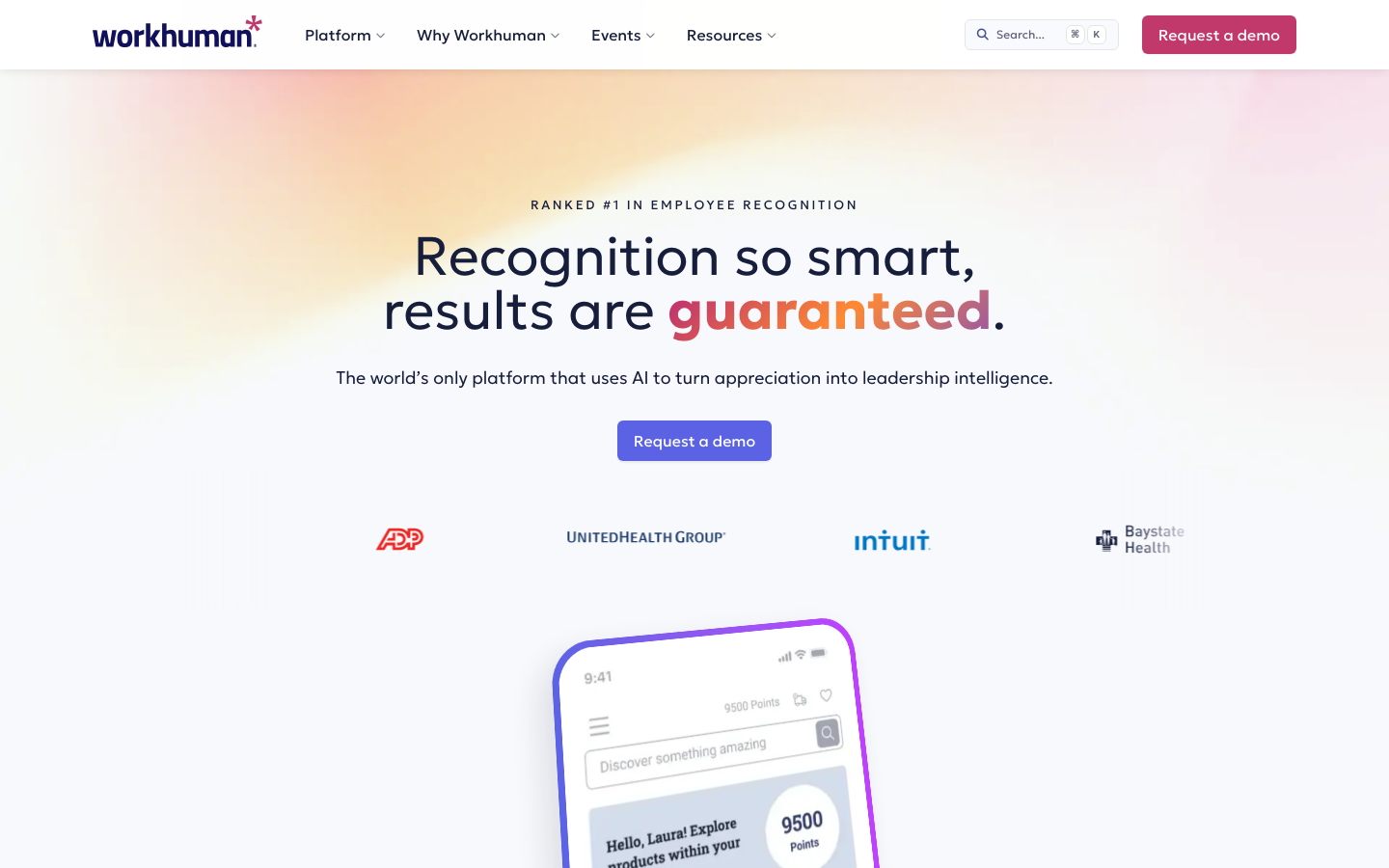 Workhuman Social Recognition platform homepage showing employee recognition and culture building
