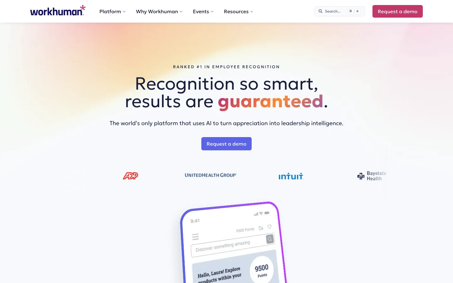 Workhuman Social Recognition platform homepage showing employee recognition and culture building
