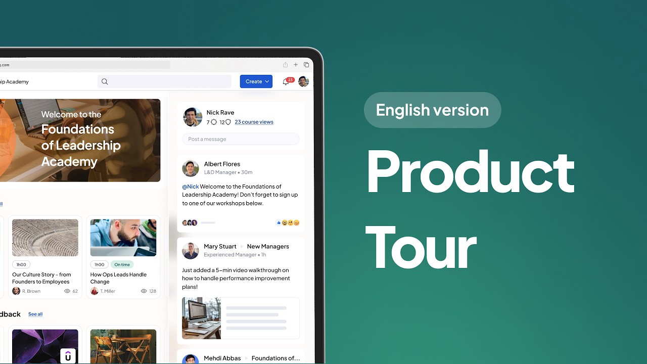 360Learning AI-driven enterprise LMS showing a collaborative course dashboard with peer learning feeds, completion rates, and skills gap analytics