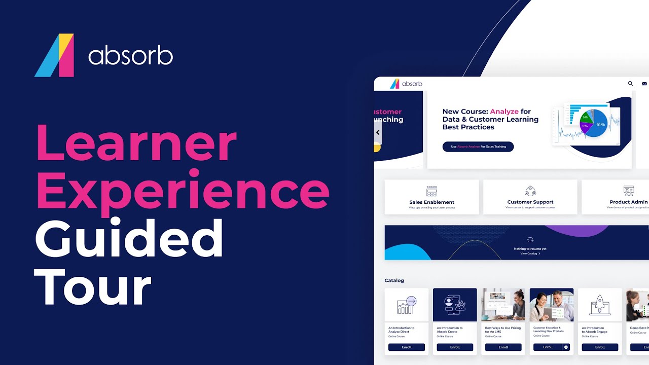 Absorb LMS learner experience dashboard showing personalized course recommendations, enrolled courses progress bars, and certification status