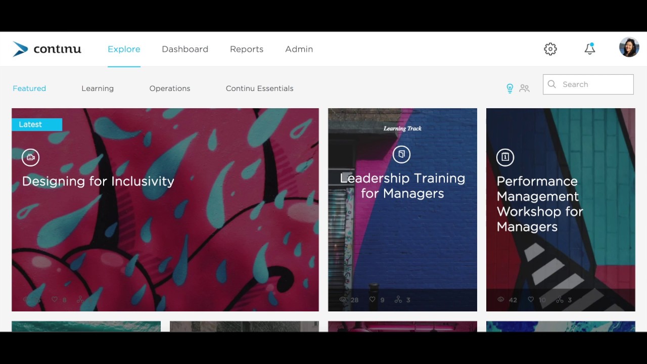 Continu learning platform walkthrough showing a training catalog with assigned learning paths, completion tracking dashboard, and manager reporting view