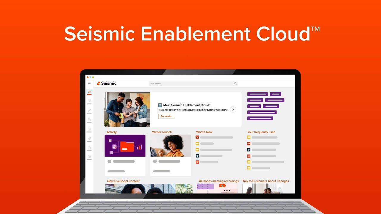 Seismic Enablement Cloud showing a sales enablement dashboard with learning paths, content performance metrics, and sales rep readiness scores