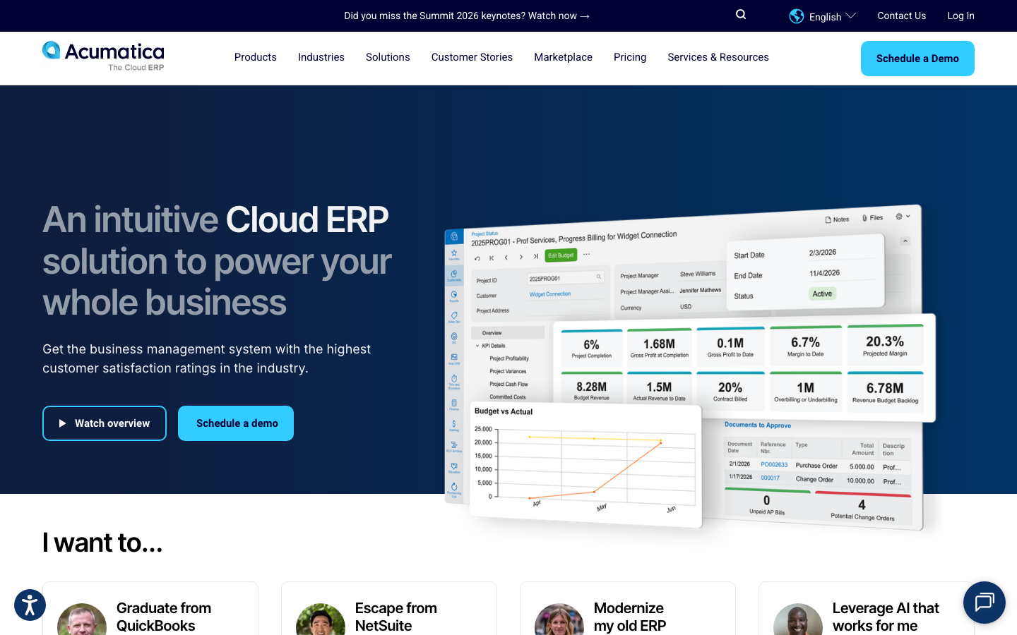 Acumatica cloud ERP homepage showing product navigation and business management software messaging