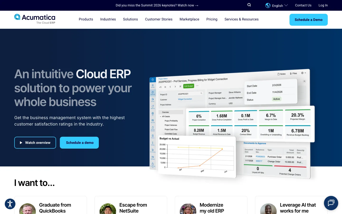 Acumatica cloud ERP homepage showing product navigation and business management software messaging
