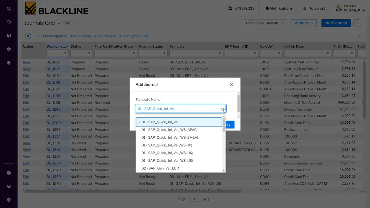 BlackLine journals grid with an add journal dialog selecting a journal template