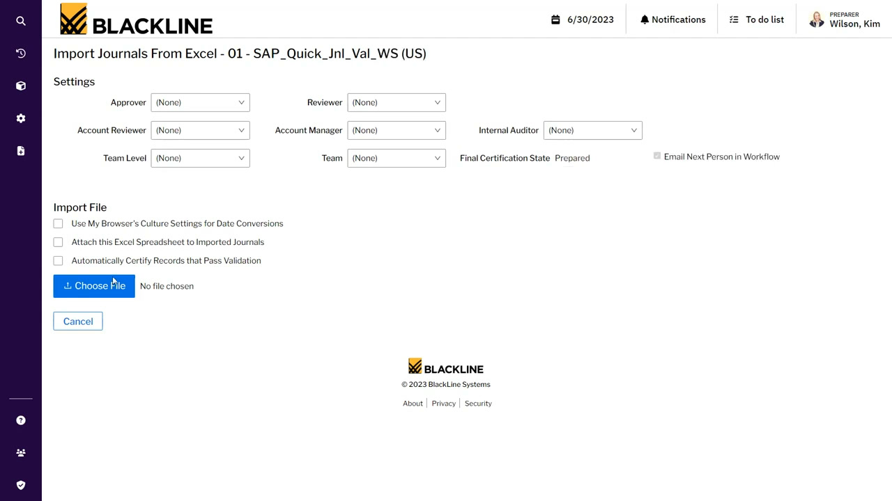 BlackLine import journals from Excel screen with approver, reviewer, and validation settings