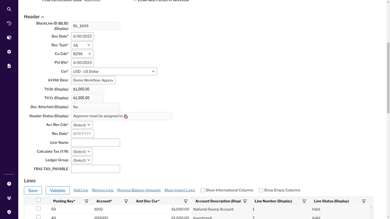 BlackLine journal entry detail with header fields and posting line items