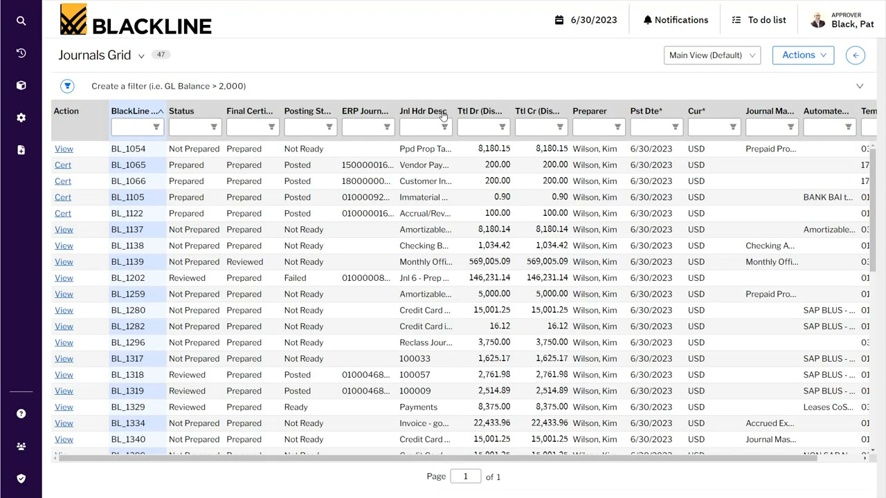 BlackLine journals grid listing entries by status, certification state, posting status, and ERP journal ID