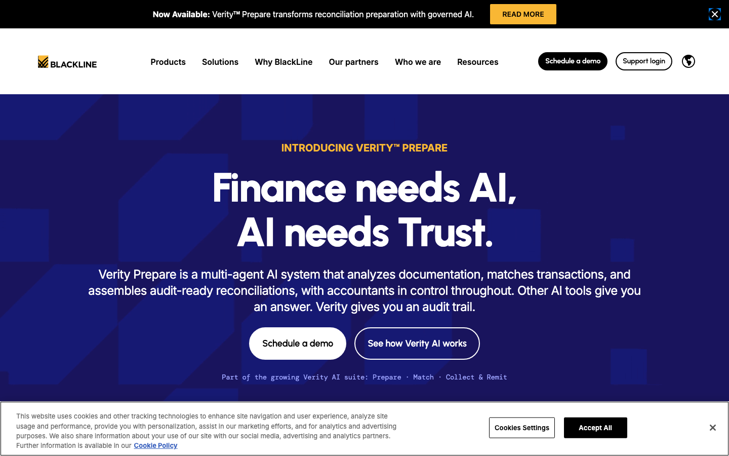 BlackLine homepage showing financial close automation messaging and product dashboard preview
