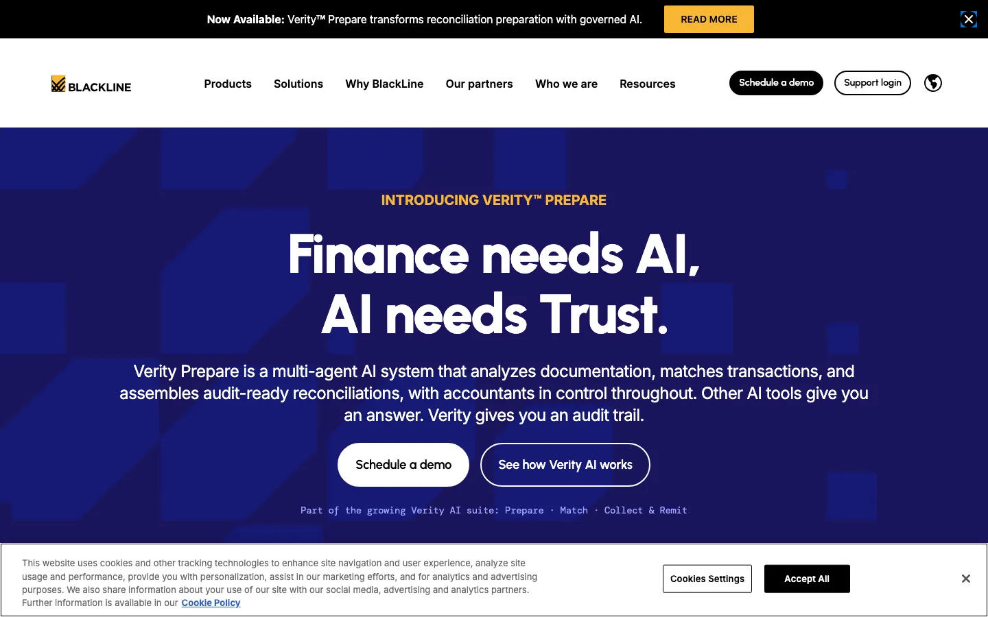 BlackLine homepage showing financial close automation messaging and product dashboard preview