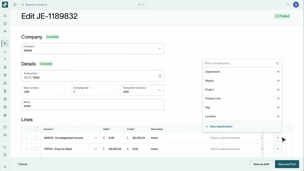 DualEntry journal entry editor with company, header details, and account line items