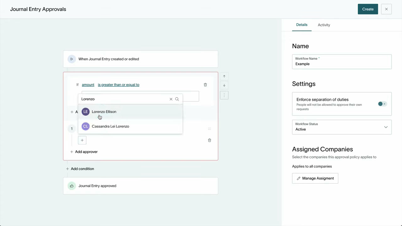 DualEntry journal entry approval workflow with approval steps and assigned companies