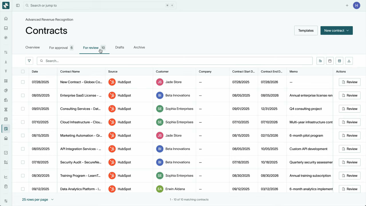 DualEntry contracts list for advanced revenue recognition with customers, sources, and amounts