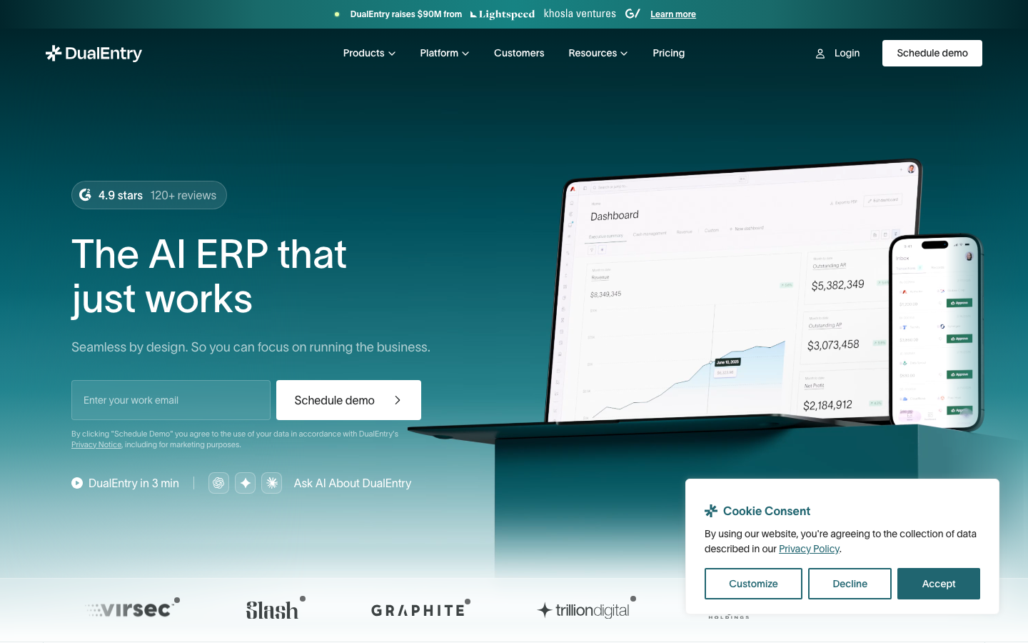 DualEntry homepage showing modern accounting platform messaging and product interface preview