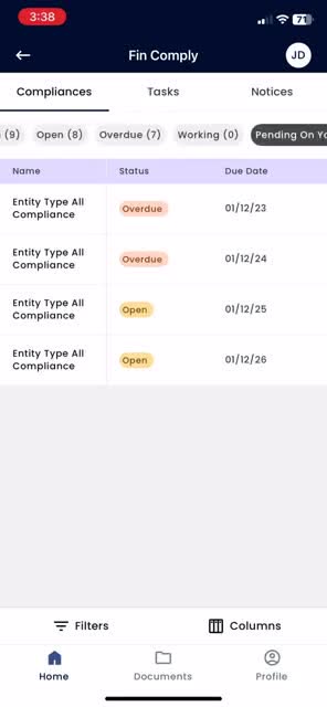 Finstackk Fin Comply mobile app showing a list of entity compliance items with overdue and open status tags