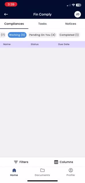 Finstackk Fin Comply mobile app showing a completed compliance item with its due date