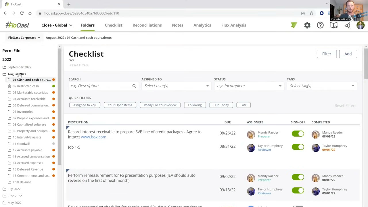 FloQast close checklist listing tasks with assignees, due dates, statuses, and sign-offs