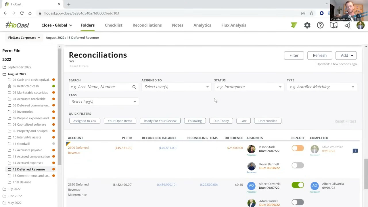 FloQast reconciliations list showing per-account tie-out balances, differences, and completion status