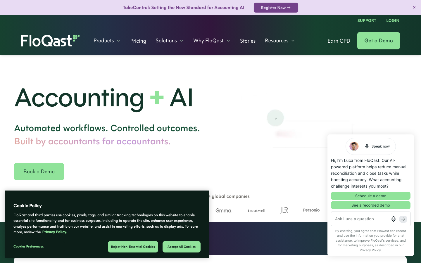 FloQast homepage showing accounting transformation platform messaging and close management dashboard preview