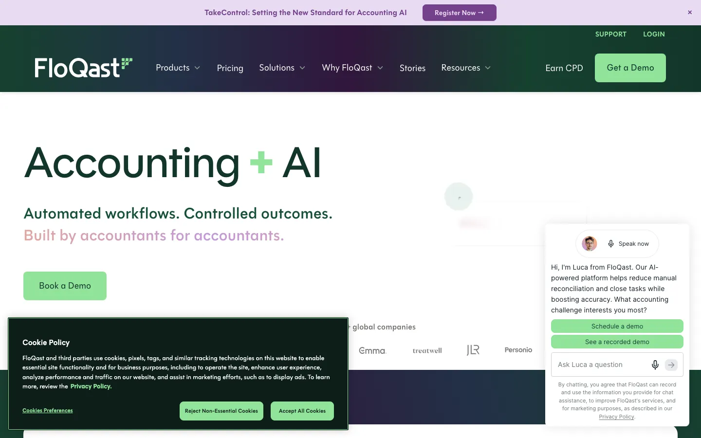 FloQast homepage showing accounting transformation platform messaging and close management dashboard preview