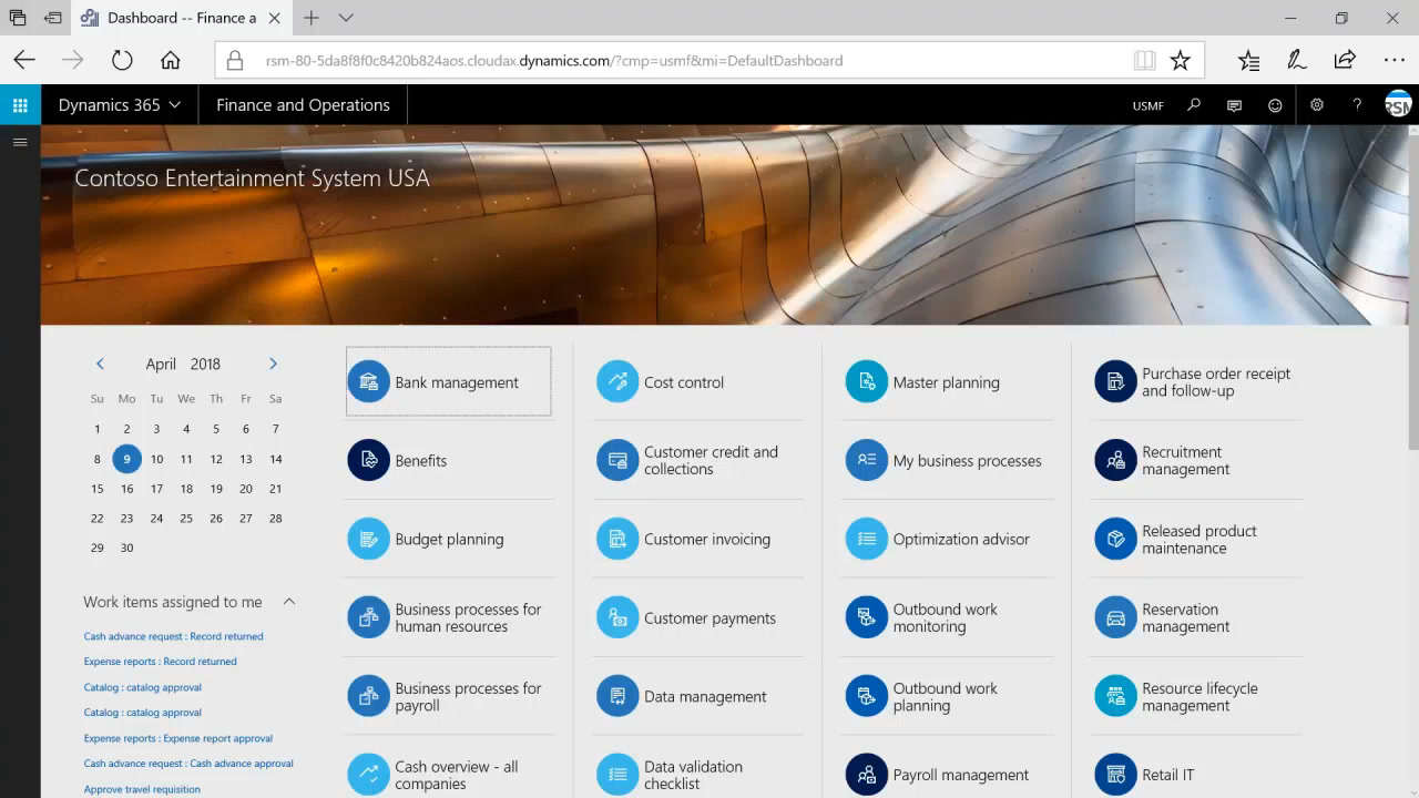 Microsoft Dynamics 365 Finance workspace with module tiles for bank management, cost control, and budgeting